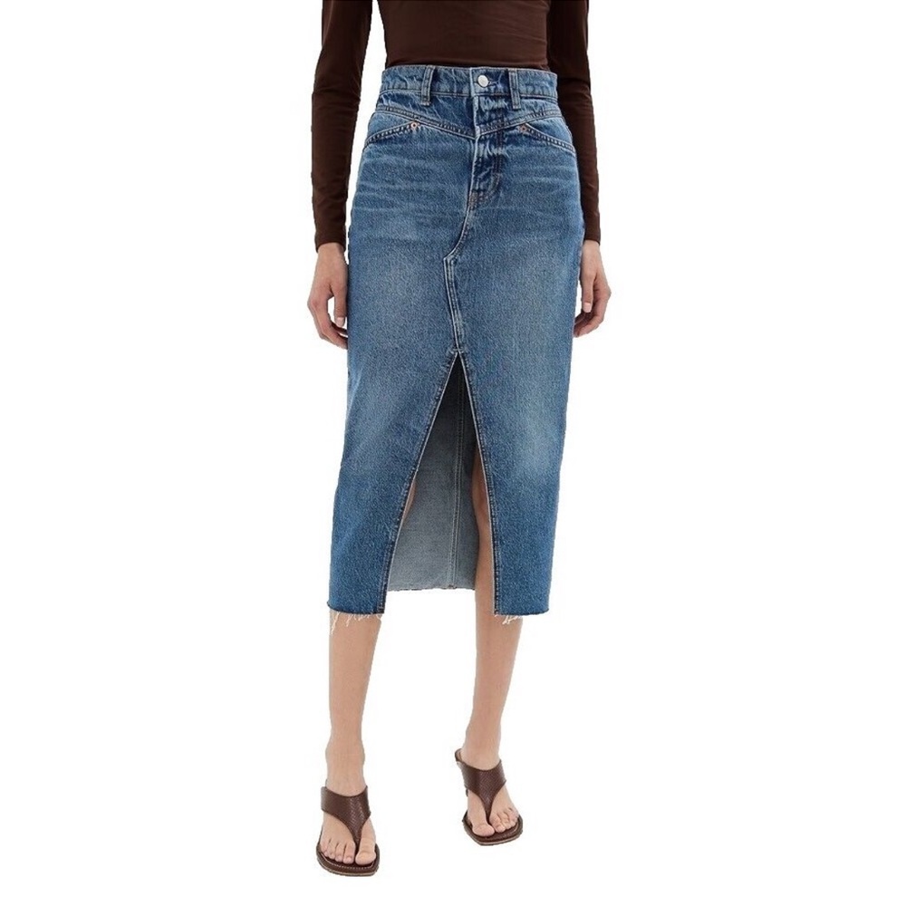 Reformation Jeans Jagger Denim Jean Midi Cutout Raw Hem Skirt Size 28